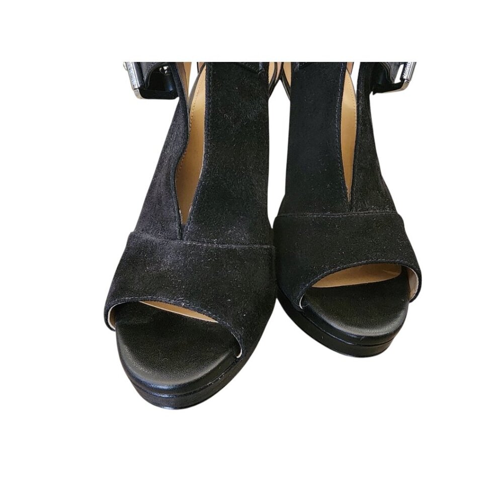 New MICHAEL Kors Black Suede Leather Isabella Open Peep Toe Heels Bootie Shoes - Picture 4 of 16